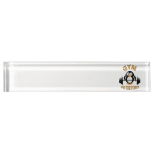 Penguin with a barbell nameplate