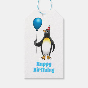 Penguin with a blue balloon and party hat gift tags