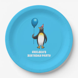 Penguin with a blue balloon paper plate
