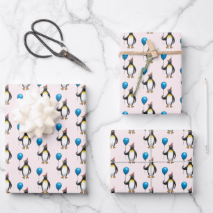 Penguin with a blue balloon wrapping paper sheet