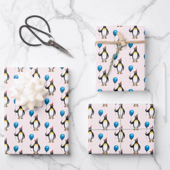 Penguin with a blue balloon wrapping paper sheet (Front)
