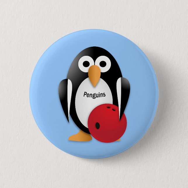 Penguin with a bowling bowl 6 cm round badge (Front)