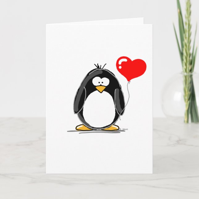 Penguin with a heart balloon holiday card (Front)