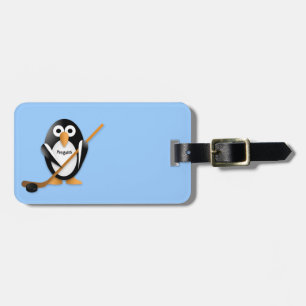 Penguin with a hockey stick luggage tag
