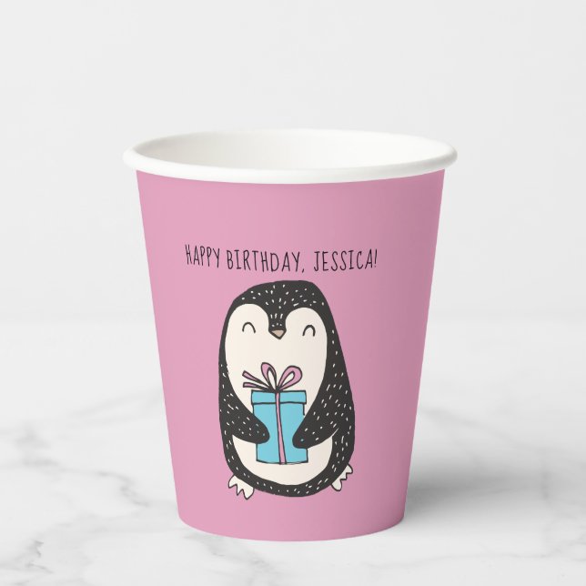 Penguin with a Present Personalised Birthday Paper Cups (Front)