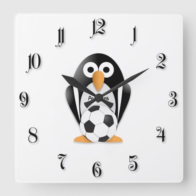 Penguin with a soccer ball square wall clock (Front)