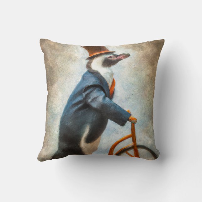 Penguin With a Top Hat And Blazer Riding A bike  Cushion (Back)