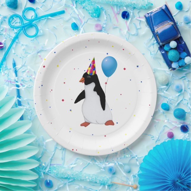 Penguin With Blue Balloon Birthday Paper Plates (Party)