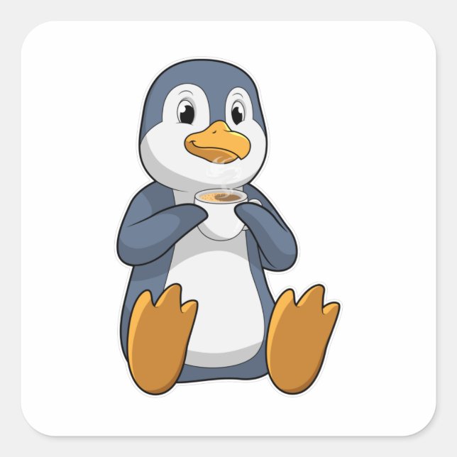 Penguin with Coffee Cup Square Sticker (Front)