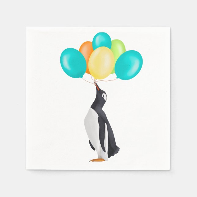 Penguin With Colourful Balloons Birthday Napkin (Front)