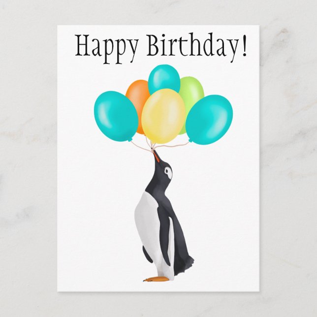 Penguin With Colourful Balloons - Happy Birthday! Postcard (Front)