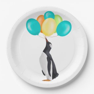 Penguin With Colourful Balloons Paper Plate