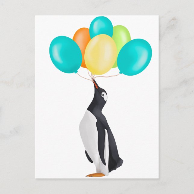 Penguin With Colourful Balloons Postcard (Front)