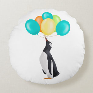 Penguin With Colourful Balloons Round Cushion