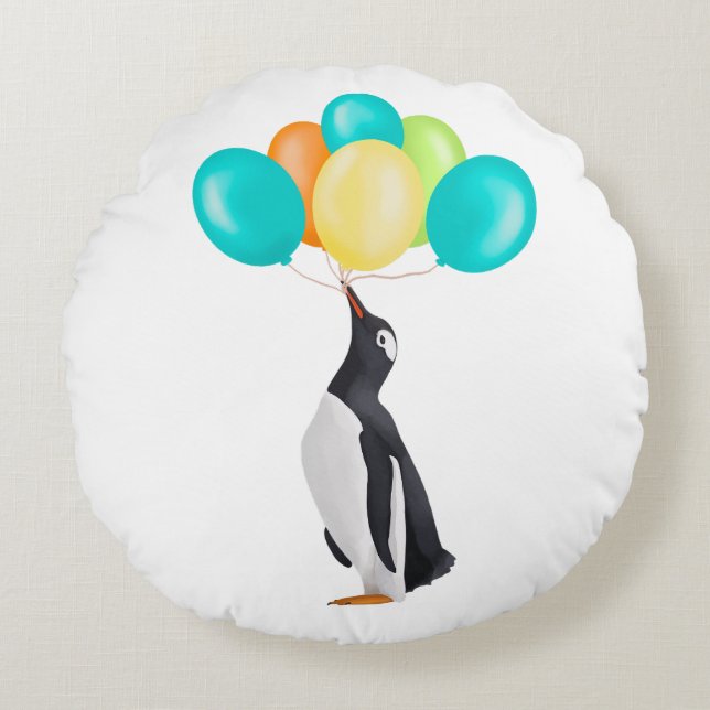 Penguin With Colourful Balloons Round Cushion (Front)