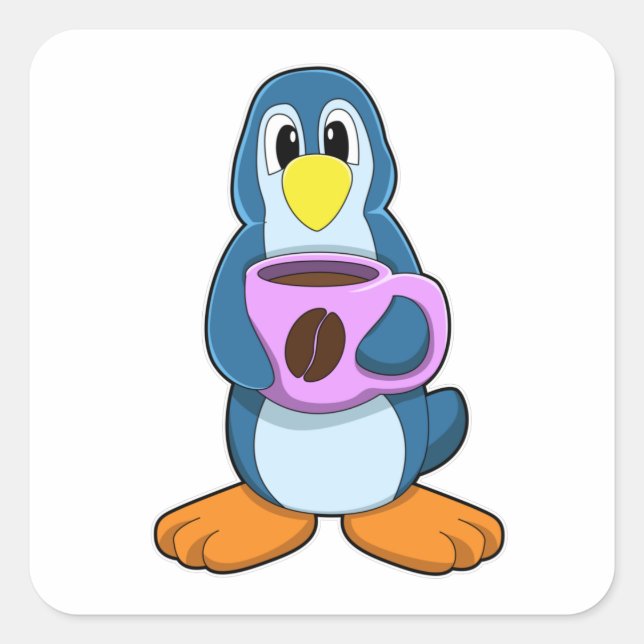 Penguin with Cup of Coffee Square Sticker (Front)