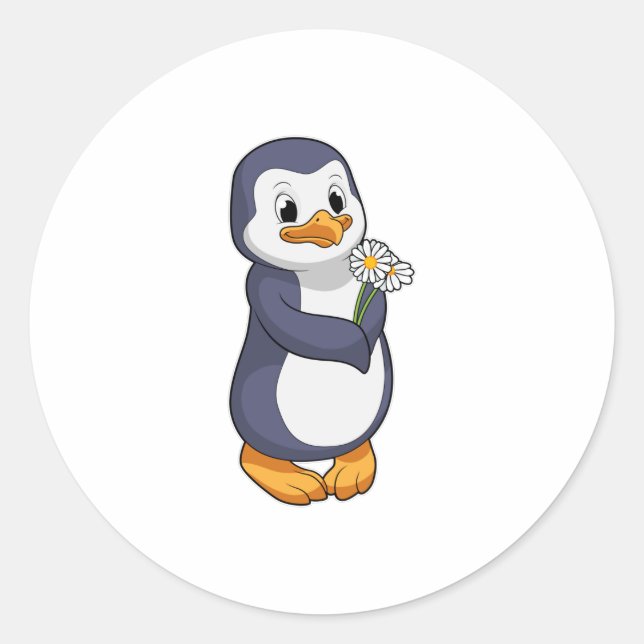 Penguin with Daisy Classic Round Sticker (Front)