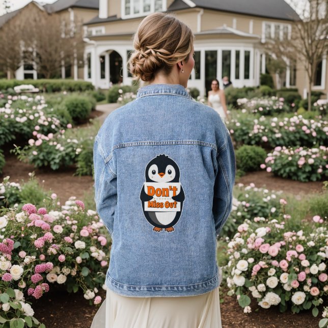 Penguin with Don't Miss Out Sign Denim Jacket (Wedding Back)