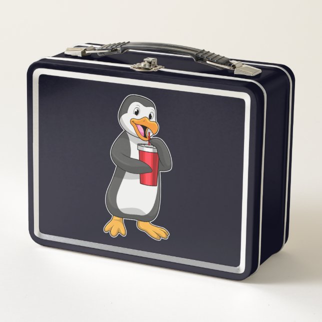 Penguin with Drinking cup with Straw Metal Lunch Box (Front)
