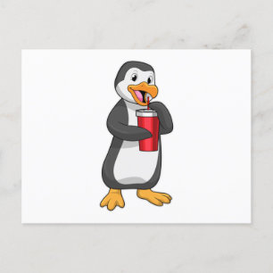 Penguin with Drinking cup with Straw Postcard