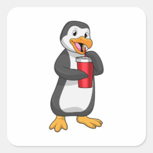 Penguin with Drinking cup with Straw Square Sticker