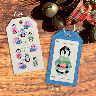 Penguin with Figgy Pudding Holiday Blue Gift Tag