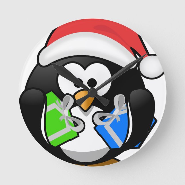 Penguin with Gifts Round Clock (Front)