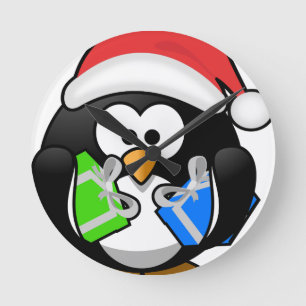 Penguin with Gifts Round Clock