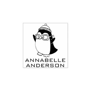 Penguin with Glasses Personalise Rubber Stamp