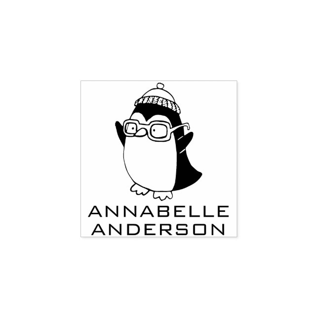 Penguin with Glasses Personalise Rubber Stamp (Imprint)