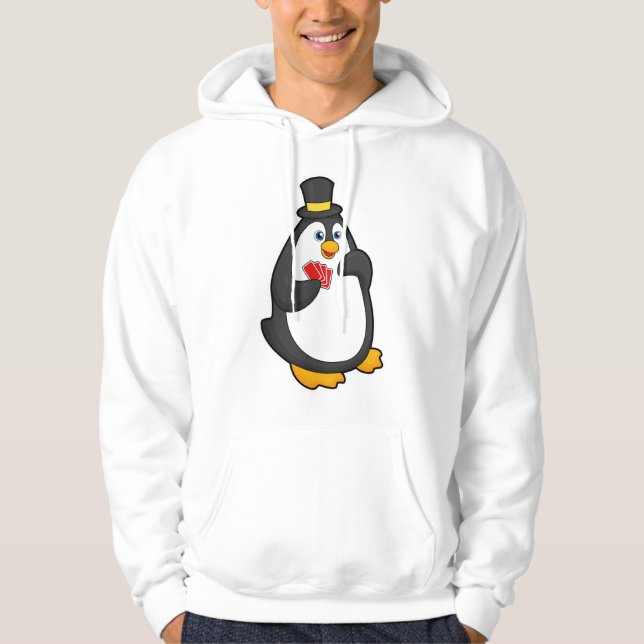 Penguin with Hat at Poker with Poker cards Hoodie (Front)