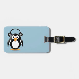 Penguin with headphones luggage tag