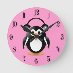 Penguin with headphones round clock