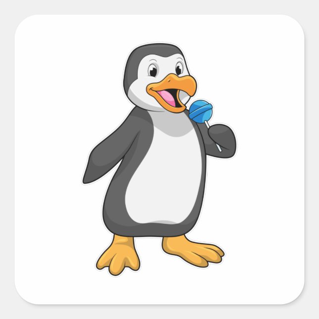 Penguin with Lollipop Sweets Square Sticker (Front)