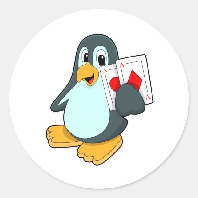 Penguin with Poker cards Classic Round Sticker (Front)