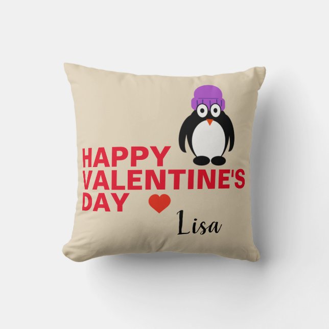 Penguin With Purple Hat Valentine's Day Cushion (Front)