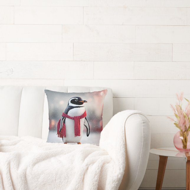 Penguin With Red Scarf In Snowflakes Cushion (Couch)