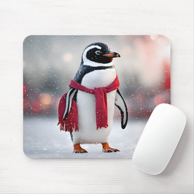 Penguin With Red Scarf In Snowflakes Mouse Pad (With Mouse)