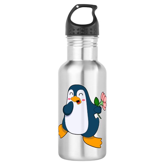 Penguin with rosa Flower 710 Ml Water Bottle (Front)