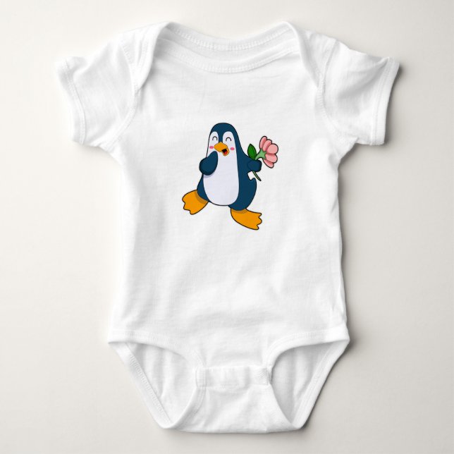Penguin with rosa Flower Baby Bodysuit (Front)