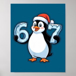 Penguin With Santa Hat Holding 67 Ice Numbers Chri Poster