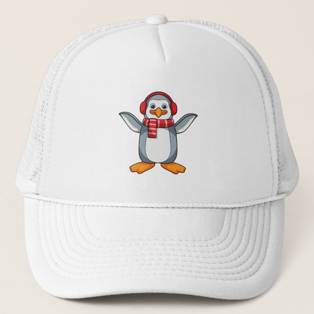 Penguin with Scarf & Headphone Trucker Hat (Front)