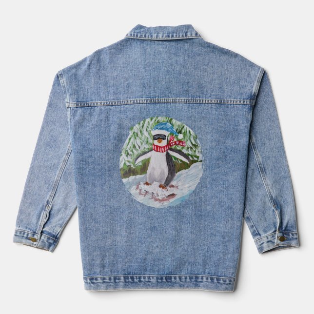 Penguin with Ski Goggles on a Ski Slope Denim Jacket (Back)