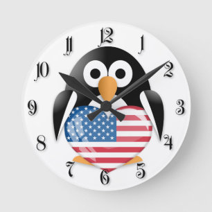 Penguin with USA flag Round Clock