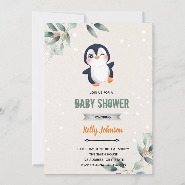 Penguin zoo animals shower birthday invitation (Front)