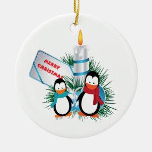 Penguins and candle Christmas custom Ceramic Tree Decoration