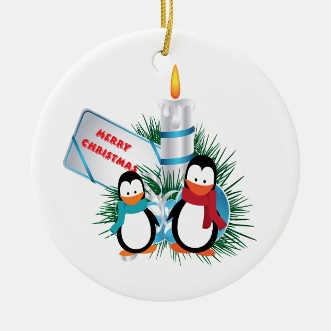 Penguins and candle Christmas custom Ceramic Tree Decoration (Front)