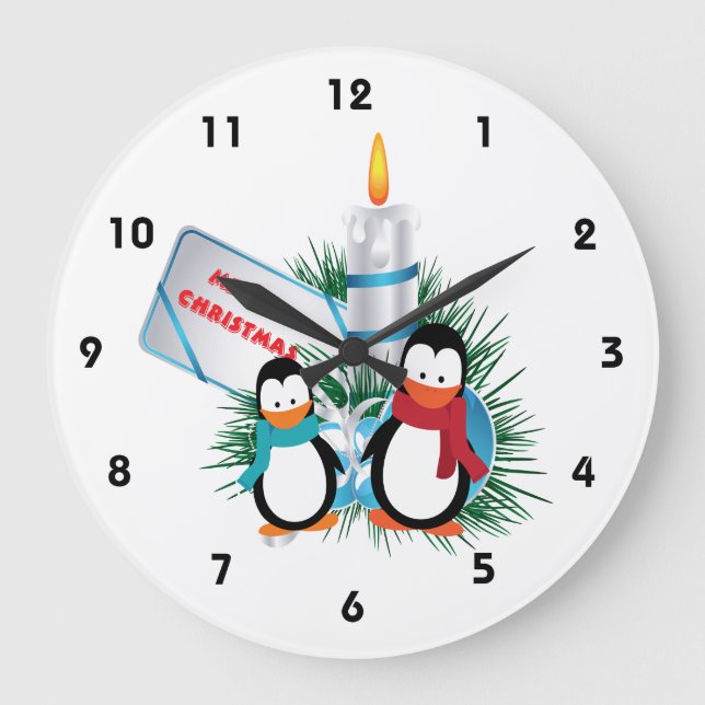 Penguins and candle Christmas custom Large Clock (Front)
