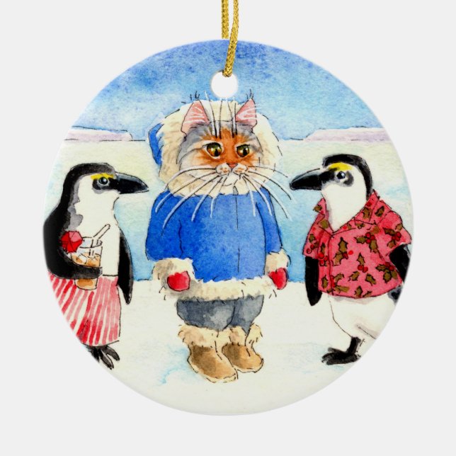 Penguins and Cat Christmas ornament (Front)
