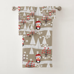 Penguins and Christmas trees Bath Towel Set